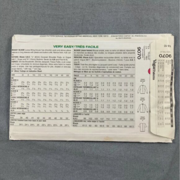 Vogue 9070 Misses Collarless Blouse Pattern Unusual Mandarin Collar Sz 6-10 - Picture 2 of 3